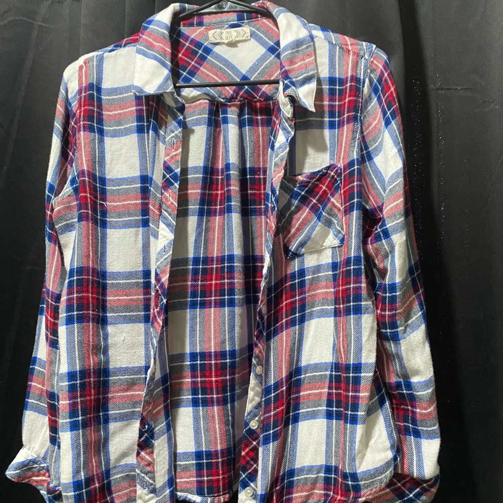 Woman’s Red and Blue Plaid Button-Up Shirt
